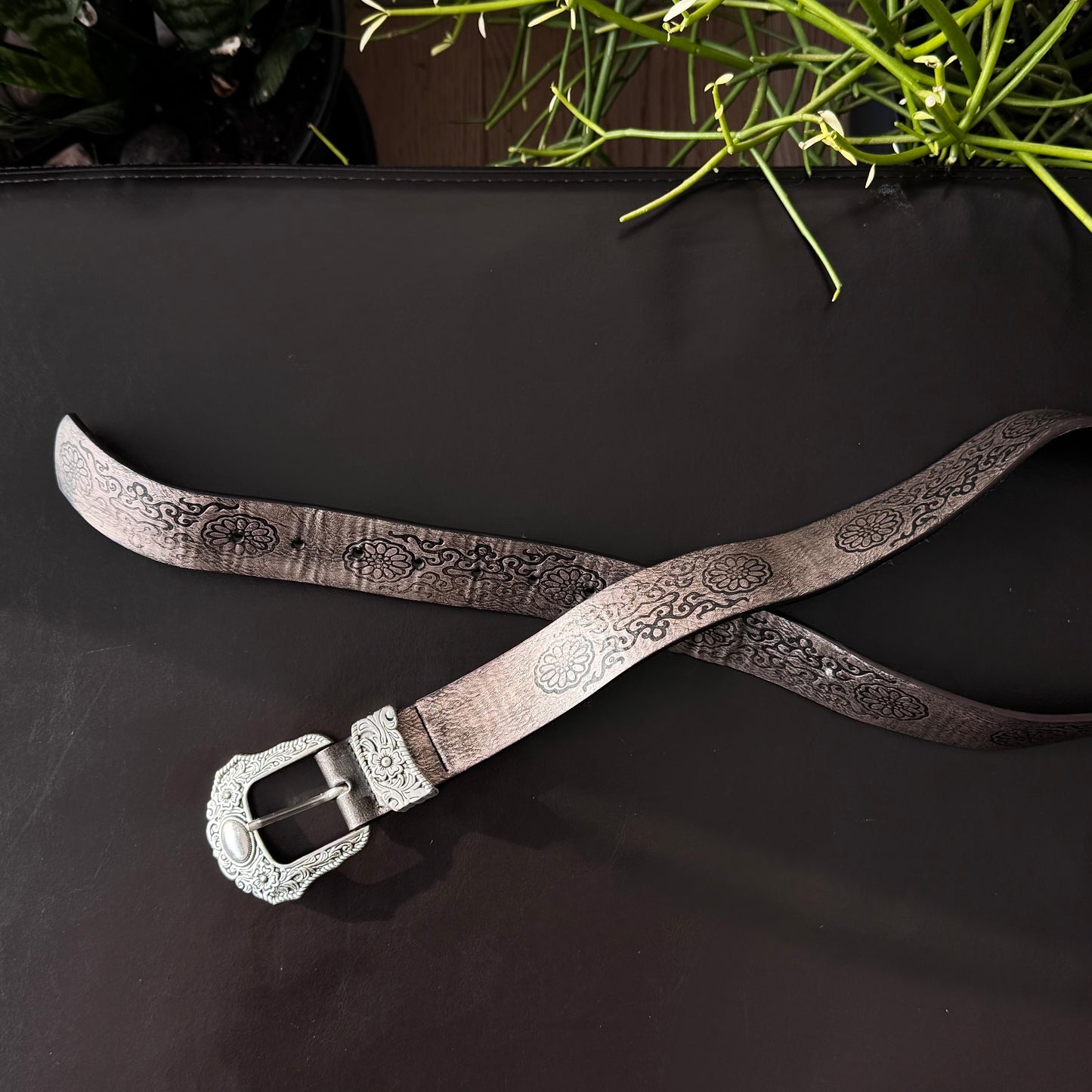 Brown Floral Silver Buckle Belt