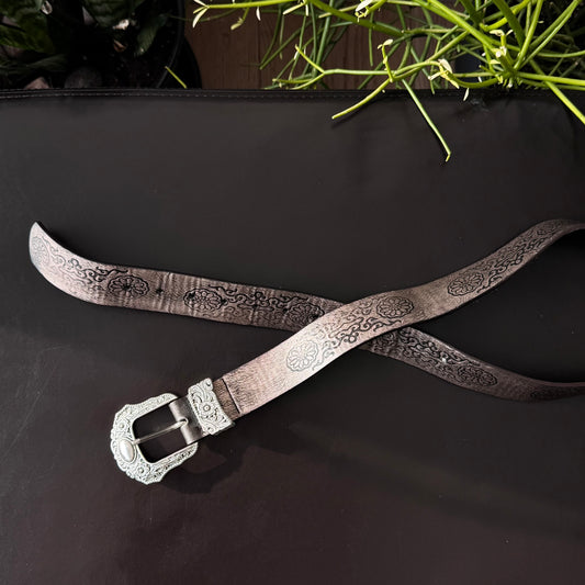 Brown Floral Silver Buckle Belt