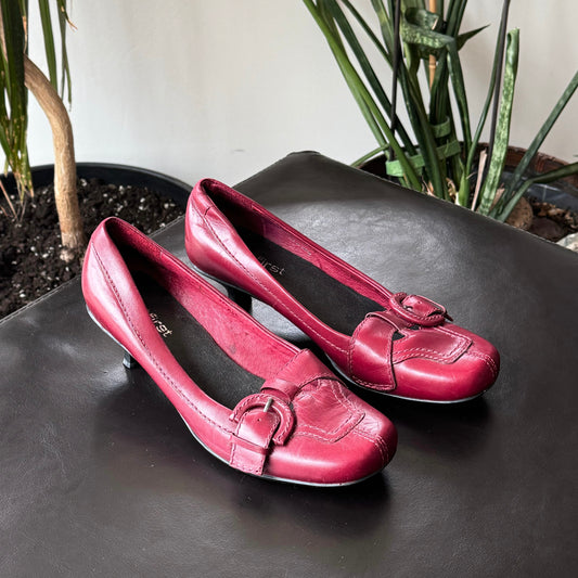 Dark Red Leather Kitten Heels